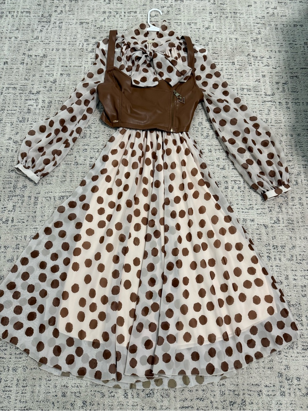 Polka Dot Midi Dress with Removable Faux Leather Bodice - Brown/White